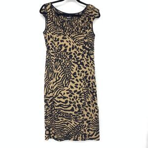 DKNY Cap Sleeve Shift Dress Womens Size 4 Leopard Animal Print Tan Black Silk
